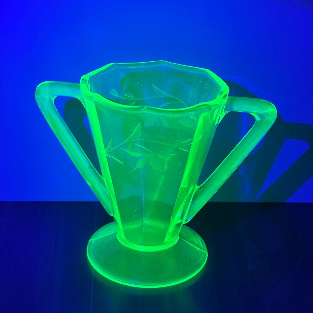 Vintage Uranium Green Glowing Glass Etched Sugar Bowl